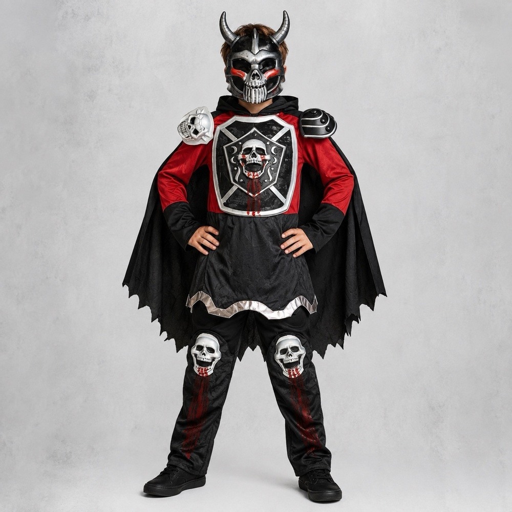 Deadly Knight Boys Costume M 8-10 Medieval Warrior Skull Halloween Cape Mask